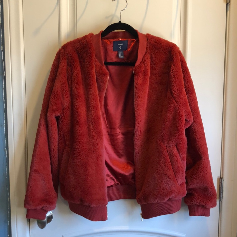 Furry burnt orange bomber jacket